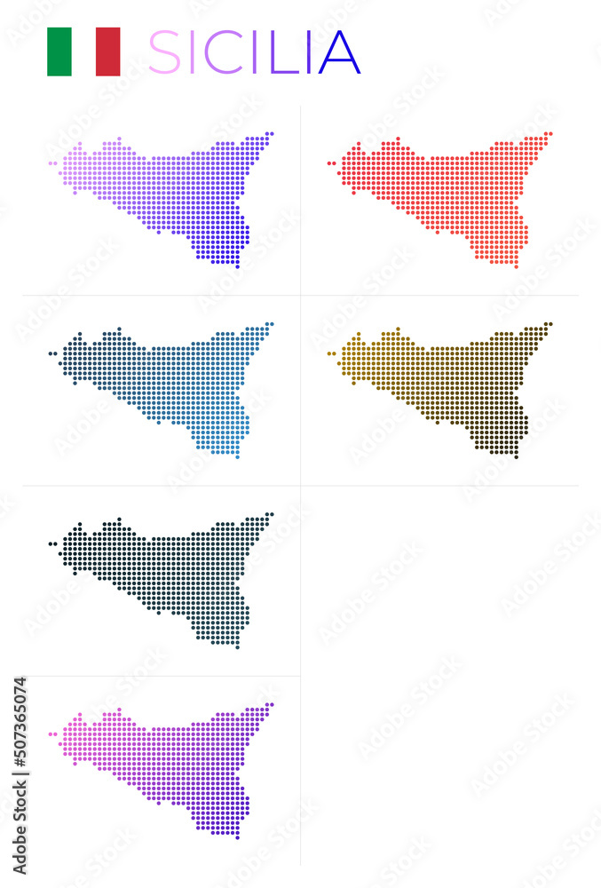 Poster sicily dotted map set. map of sicily in dotted style. borders of the island filled with beautiful sm