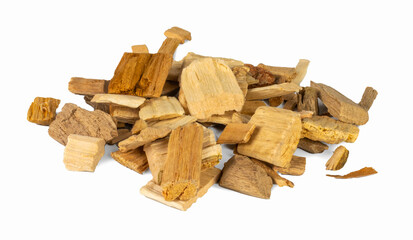 Wood chips for smoking meat and fish isolated on white background. Pile of oakand fruit tree chips