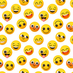 Fototapeta premium Pattern with yellow emoticons and emotions. Background cartoon emoticons happy faces with smiles realistic 3d design. vector illustration