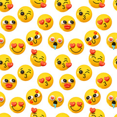 Obraz premium Pattern with yellow emoticons and emotions. Background cartoon emoticons happy faces lovers with hearts realistic 3d design. vector illustration