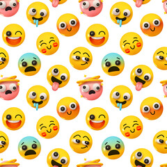 Pattern with yellow emoticons and emotions. Background cartoon emoticons happy faces with smiles realistic 3d design. vector illustration