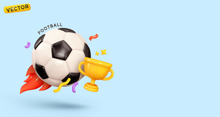 Soccer ball with golden cup. Creative concept background with sports attributes design elements. Realistic 3d object cartoon style. Sports football game. vector illustration © lauritta