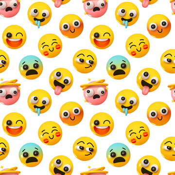 Pattern with yellow emoticons and emotions. Background cartoon emoticons happy faces with smiles realistic 3d design. vector illustration