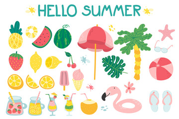 Summer set with cute beach elements and lettering: cocktail, juice, ice cream, fruits, flowers, palm trees. Hand drawn flat cartoon elements. for poster, card, scrapbooking, tag, invitation, sticker
