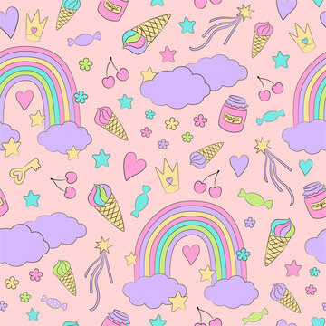 Cute baby girl things seamless pattern. Graphic print repeat design elements unicorn theme. Hand drawn objects. Fun kids fashion print for textile, paper stationery.