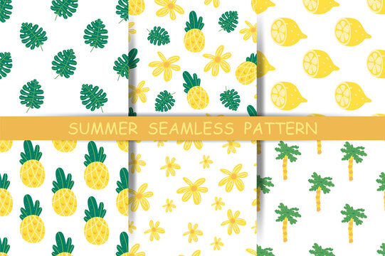 A set of simple minimalistic summer seamless patterns. cartoon flat hand draw yellow green background with leamon, penaple, palm, monster, flowers for prints, wallpapers, textiles. Vector graphics.