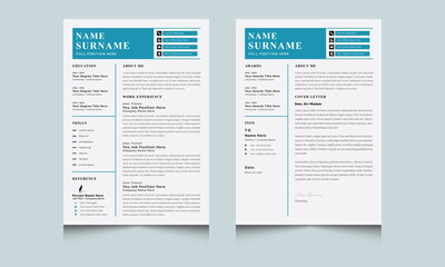 Resume and Cover Letter Layouts with Blue Header, Modern Resume Template