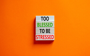 Too blessed to be stressed symbol. Concept words Too blessed to be stressed on wooden blocks. Beautiful orange table orange background. Psychological and too blessed to be stressed concept. Copy space