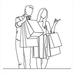 Continuous line drawing of man and woman shopping with bags , couple shopping