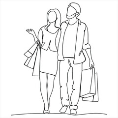 Obraz na płótnie Canvas Continuous line drawing of man and woman shopping with bags , couple shopping