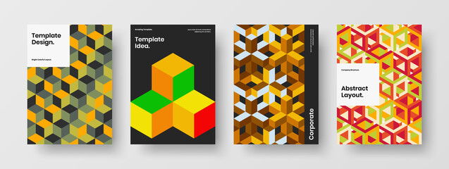 Obraz premium Bright geometric tiles poster concept composition. Trendy placard design vector illustration bundle.