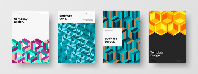 Fototapeta premium Multicolored geometric tiles cover template set. Simple booklet A4 design vector layout bundle.