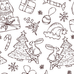 Christmas seamless vector pattern. Illustration with rabbit, Christmas tree, gifts, snowflakes. Hand drawn black line art isolated on white background. Chinese new year 2023. Design for paper, fabric