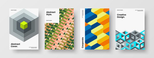 Bright mosaic tiles corporate identity illustration set. Trendy cover design vector layout bundle.