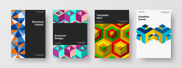 Obraz premium Multicolored brochure design vector concept set. Original mosaic shapes handbill illustration bundle.