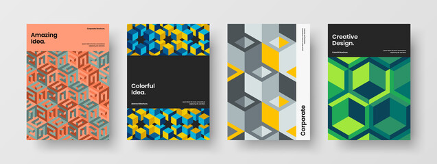 Fototapeta na wymiar Original corporate brochure A4 design vector illustration bundle. Premium geometric shapes postcard template set.