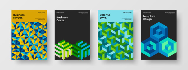 Colorful handbill design vector concept collection. Unique geometric pattern corporate cover template composition.