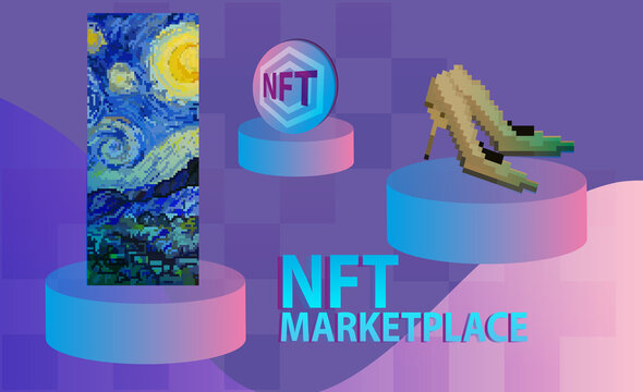 Image of pixel art and NFTs. NFT token in cryptography. Banner Non-fungible token with intellectual property aspects. NFT token in blockchain technology in digital crypto art.
