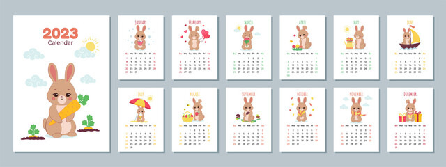 Calendar 2023 template with cute rabbit. Design of calendar with a symbol of the new year. Set of 12 Months calendars. The week starts on Sunday