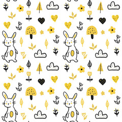 Forest seamless vector pattern with rabbit and mushrooms on a white background.