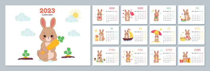 Calendar 2023 template with cute rabbit. Design of calendar with a symbol of the new year. Set of 12 Months calendars. The week starts on Monday