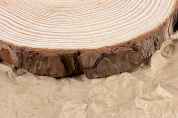 Tree slice,slab, cookie with annual rings on rusticcrampledcraftpaper close up