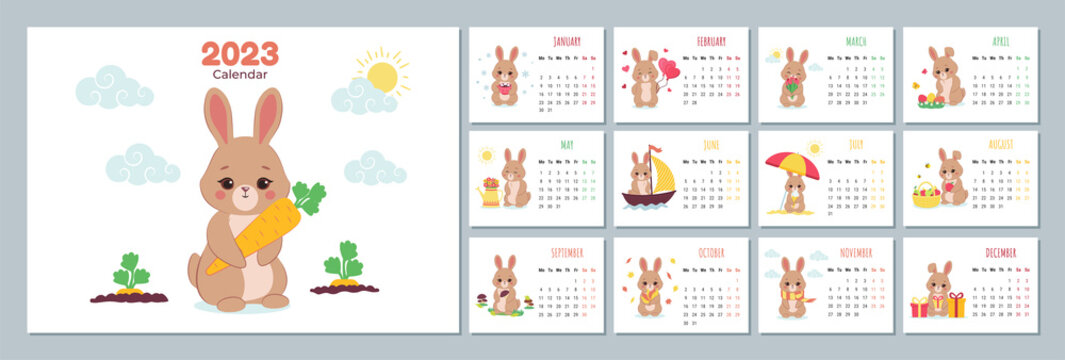 Calendar 2023 template with cute rabbit. Design of calendar with a symbol of the new year. Set of 12 Months calendars. The week starts on Monday