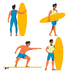 Collection of surfer boys with surfboards in summer