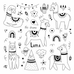 Set with cute llamas in different poses. Vector illustration in scandinavian style isolated on white background for your design