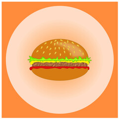 The hamburger symbol with ketchup, meat, cheese and salad in an orange square frame with a circle