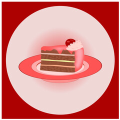The cake symbol with cherries, icing and whipped cream on a pink plate in a red square frame with a circle