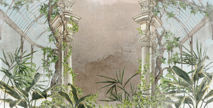 drawing in vintage style greenhouse with columns in which various tropical asthenia grow photo wallpaper in the interior