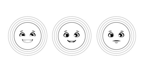 Coloring page. Set, 3 cheerful suns with different emotions