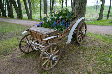 Fototapeta na wymiar Old carriage or cart. Summer day. Traditional rural horse-drawn carriage. The chariot is red with flowers. Horse cart. Retro wooden wheel. Garden and lawn decoration