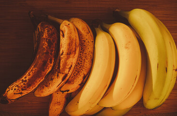 Bananas of different stages of ripeness on wooden background