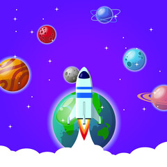 A rocket flying among the planets in space.  Astronomical background.  Rocket plowing space