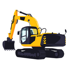 Yellow excavator stands back to us with lowered bucket.Isolated on white background.Mockup of construction machinery