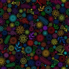 Flower pattern. Doodle flowers on dark backdrop. Colorful flower Day of the dead background. Floral ornament. Dia de los muertos print. Color botanical elements on black.