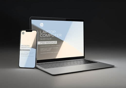 Mobile Phone And Laptop Mockup Isolated On Black Background