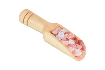 Salt in a wooden scoop on an isolated white background. Himalayan salt