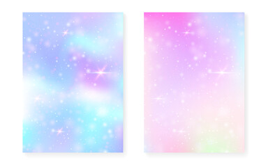 Kawaii background with rainbow princess gradient. Magic unicorn hologram.