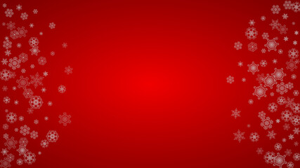 Christmas background with silver snowflakes and sparkles. Horizontal New Year and Christmas background for party invitation, banner, gift cards, retail offers. Falling snow. Frosty winter backdrop.
