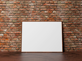 Horizontal frame mockup standing on wooden floor with brick background. Interior with blank white photo frame  for your design. 3d rendering illustration.