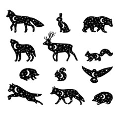 Celestial forest animals. Hand drawn silhouettes. Wild woodland animals. Stars, moon, universe