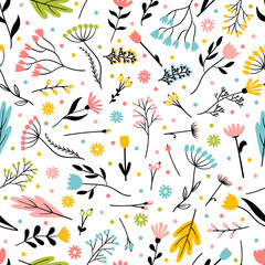 Seamless pattern with hand drawn flowers. Trendy texture for textile, print, wrapping, fabric, wallpaper. Floral background