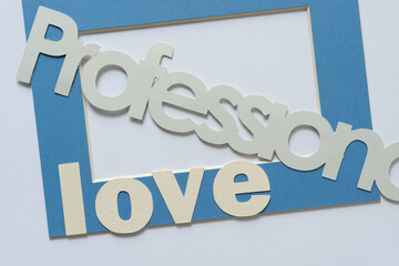 nonsensical sign with the words: profession and love on a blue paper frame