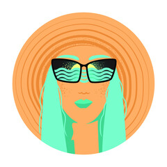 Fototapeta na wymiar Beautiful summer woman. Vacation. Girl with hat big wide brim and sunglasses with sea view. Sketch vector illustration