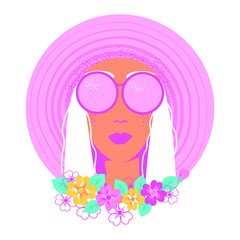 Young summer woman with flower frame. Vacation. Girl with hat big wide brim and sunglasses. Sketch vector illustration