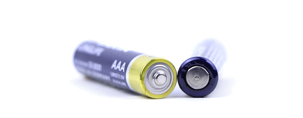 Alkaline batteries isolated on a white background. Battery type AAA isolated
