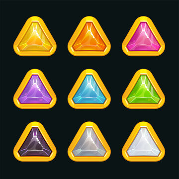 Multicolored shiny crystal assets for game design.